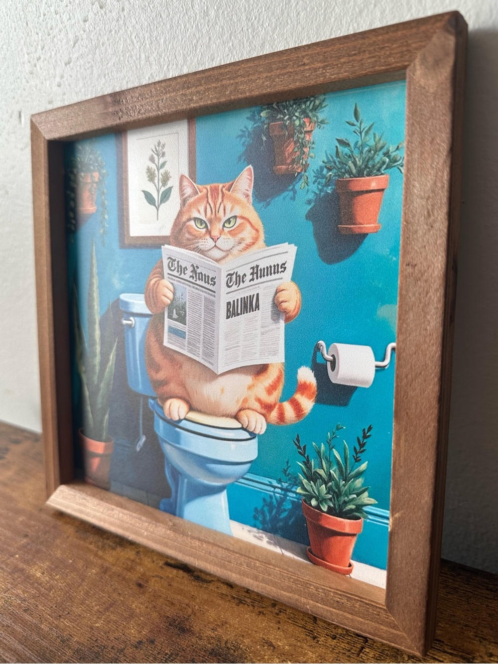 Framed Orange Cat Reading Newspaper Wooden Wall Art Decor Blue Background NWT - Picture 2 of 4